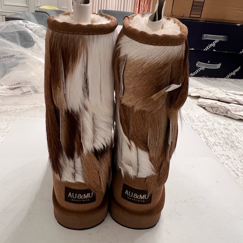 AUMU Women's Warmer Boots Sheepskin Fur Round Toe Ankle Winter Bootie - Picture 2 of 6